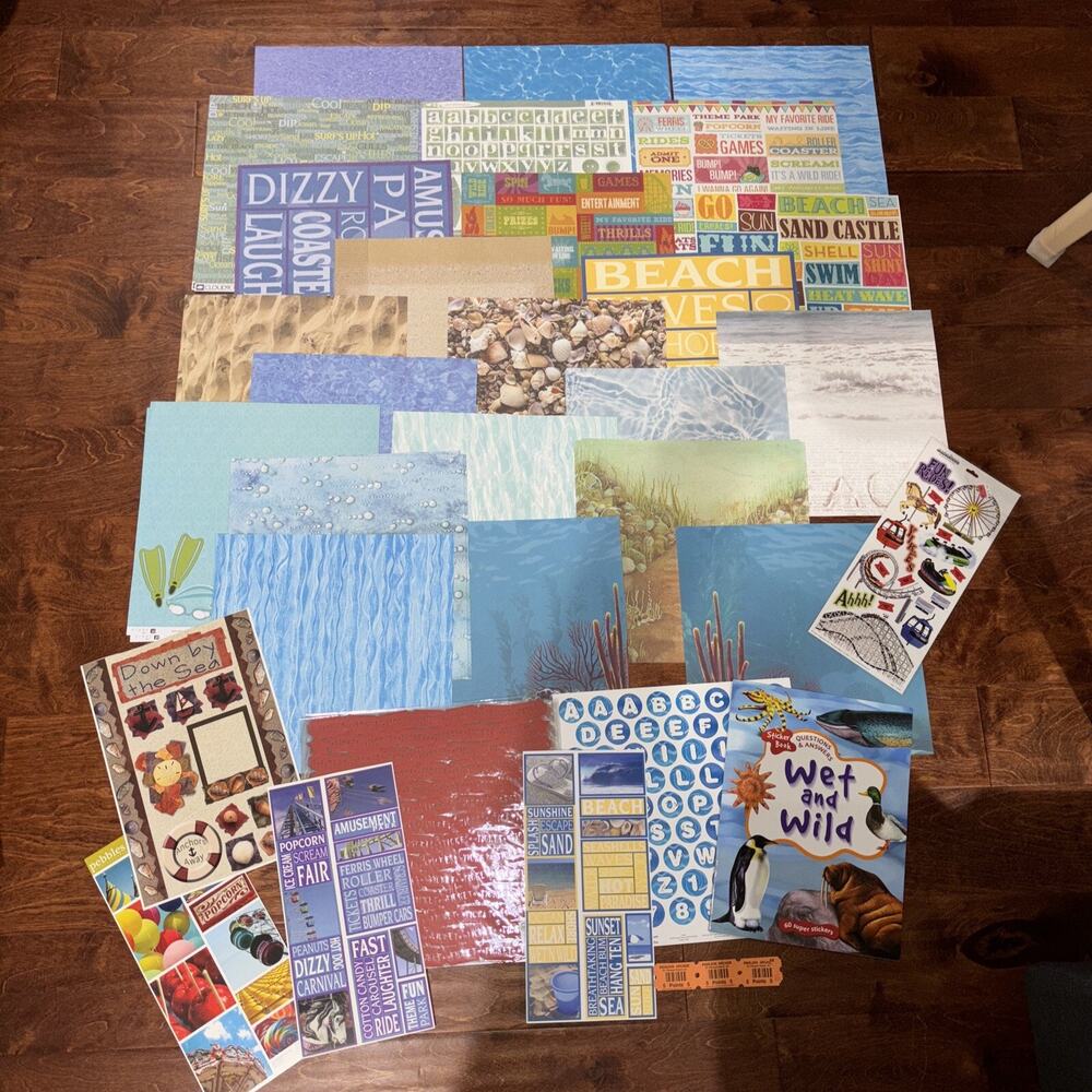 12X12 BEACH/WATERPARK THEMED Scrapbook Paper Sheets + Stickers Bundle! **READ**